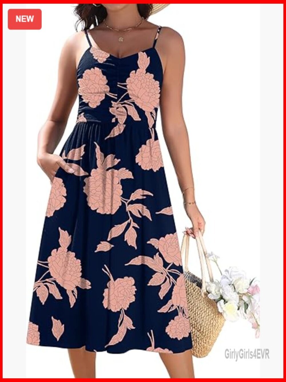 Adjustable Spaghetti Strap Floral Midi Beach Dress with Pockets